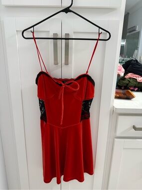 Urban Outfitters Red Velvet Slip Dress with Black Lace